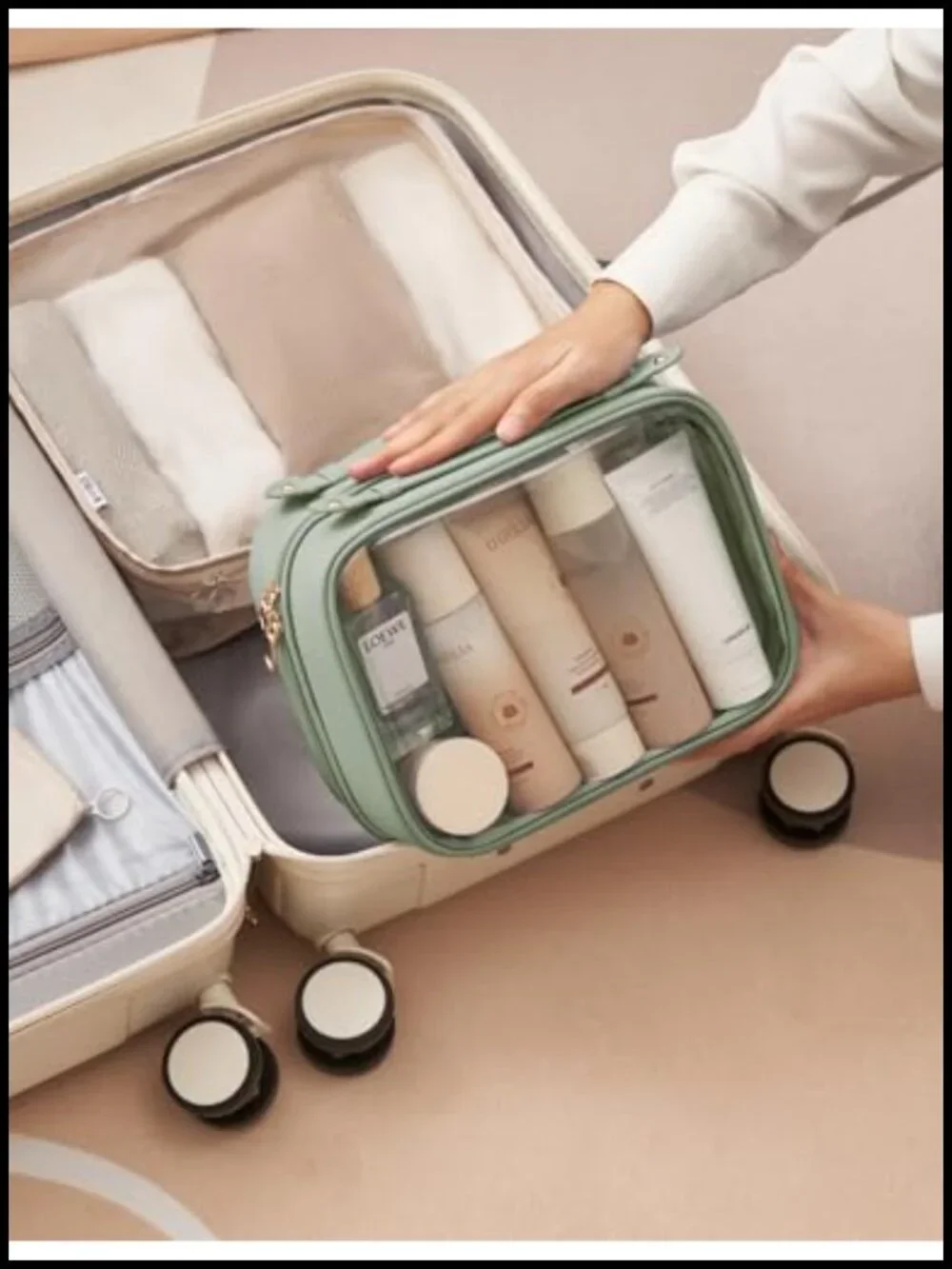 Large Clear Cosmetic Bag with 4 Compartments, Travel Toiletry Organizer, Faux